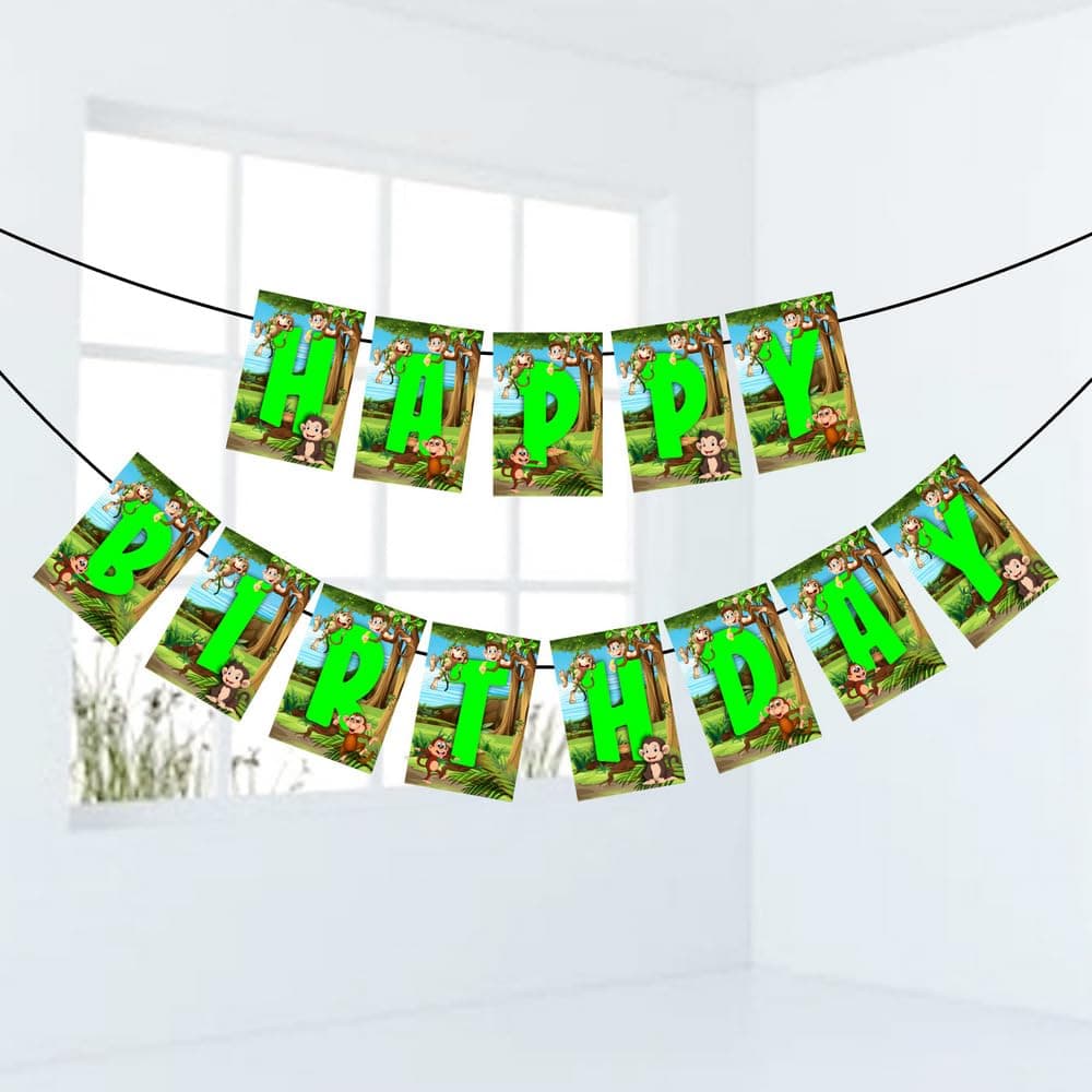 Balloonistics Monkey Theme Happy Birthday Banner - Vibrant Jungle Safari Birthday Decoration Backdrop - Premium Cardstock Bunting with Ribbon, Multicolor Animal Party Supplies for Boys & Girls (Happy Birthday Banner)