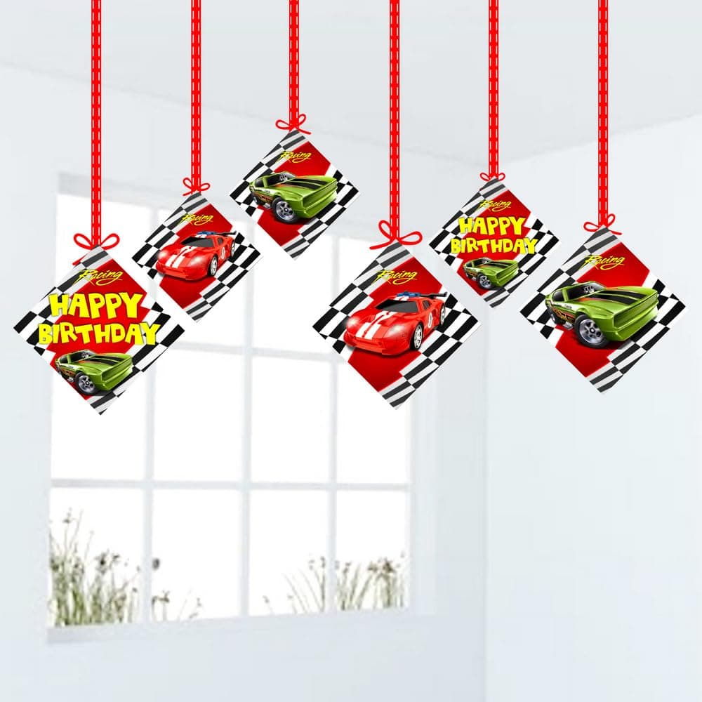 Balloonistics Sports Car Theme Hanging Decorations - Pack of 12 Double-Sided Cardstock Cutouts - Racing & Supercar Birthday Party Supplies - Includes Ribbons - Fast One & Two Fast Room Decor (Hangings - Pack of 12)