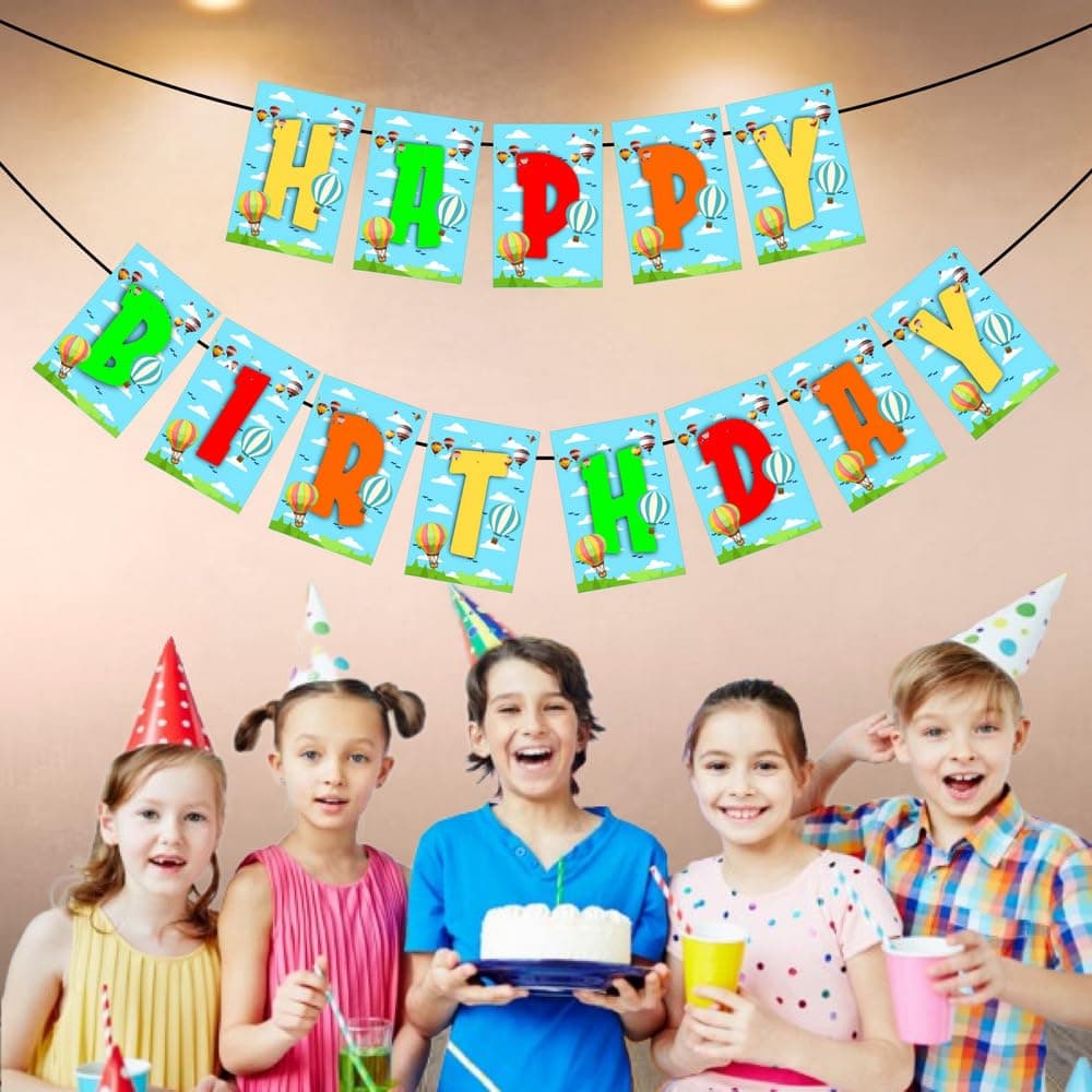 Balloonistics Hot Air Balloon Happy Birthday Banner - Whimsical Up & Away Party Bunting - Premium Cardstock Pastel Sky & Clouds Decoration with Ribbons, Adventure Awaits Birthday Backdrop (Happy Birthday Banner) thumbnail 3