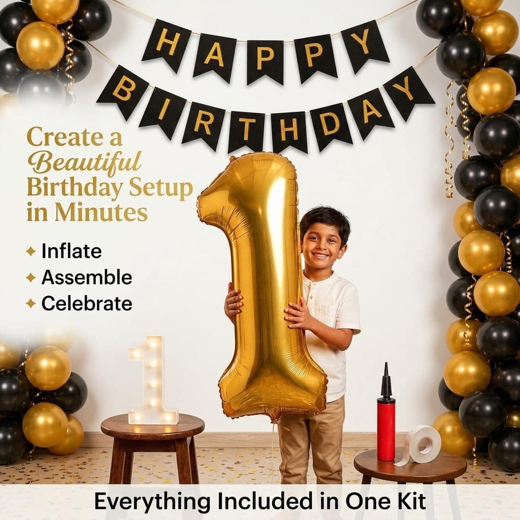 Balloonistics 7th Birthday Decoration Combo Kit - 40 Inch Gold Foil Number Balloon, LED Marquee Light, Black & Gold Balloons, Happy Birthday Banner, Balloon Pump & Glue Dots thumbnail 7