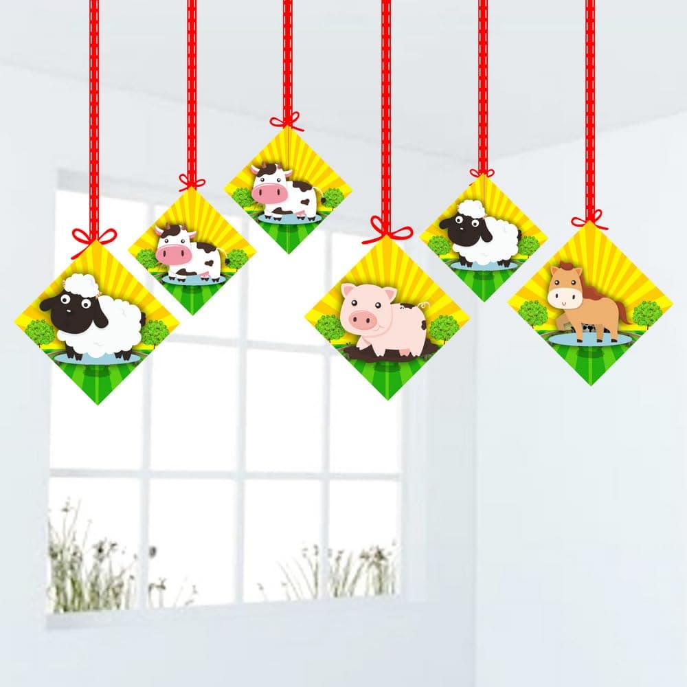 Balloonistics Farm Theme Hanging Decorations - Pack of 12 Barnyard Birthday Hangings - Premium Cardstock Double-Sided Cow, Pig, & Tractor Cutouts with Strings, Rustic Country Party & Outdoor Bash Decor (Hangings - Pack of 12) thumbnail 1