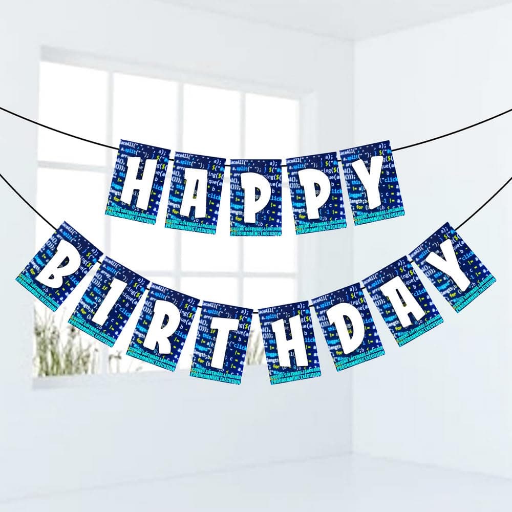 Balloonistics Coding & Software Theme Happy Birthday Banner - Programmer & Computer Science Cardstock Bunting - Tech, Gaming & IT Developer Party Decorations, Future Coder Backdrop thumbnail 1
