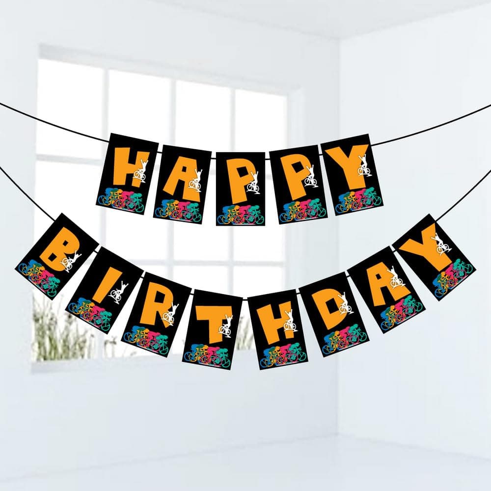 Balloonistics Cycling Theme Happy Birthday Banner - Bicycle & Racing Cardstock Bunting for Kids and Adults - Mountain Bike, Road Cycling & Tour Theme Party Supplies, Backdrop Decor thumbnail 1