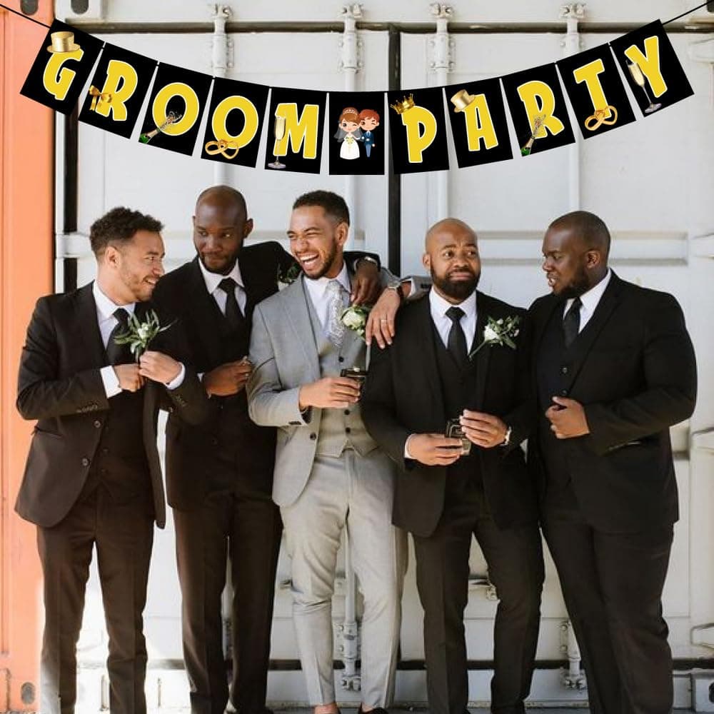 Balloonistics Groom’s Crew Party Banner - Dapper Bachelor Party Bunting - Premium Cardstock Tuxedo & Beer Theme Decoration with Ribbons, Engagement & Wedding Celebration Backdrop (Groom Party Banner) thumbnail 3