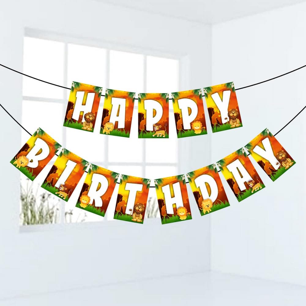 Balloonistics Lion Theme Happy Birthday Banner - Large Roaring Jungle Safari Birthday Decoration Backdrop - Premium Cardstock Bunting with Ribbon, King of the Jungle Party Supplies for Boys & Girls (Happy Birthday Banner) thumbnail 1