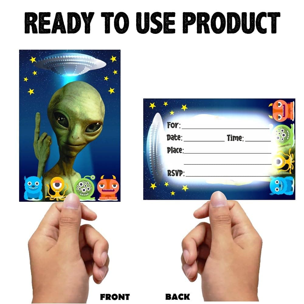 Balloonistics Aliens Theme Birthday Invitation Cards - Pack of 10 Out of This World Galaxy & Outer Space Invites with Envelopes - Double-Sided Cardstock Fill-in Invitations for Kids & Adults, UFO & Martian Party Supplies (Invite Cards - Pack of 10) thumbnail 4