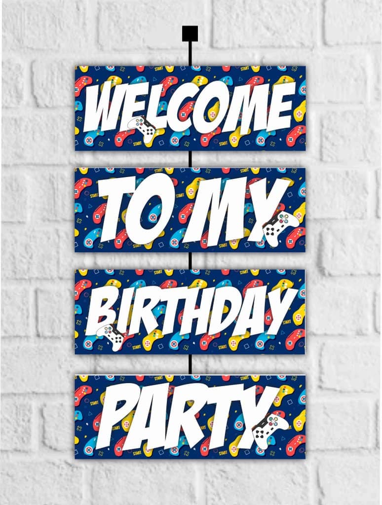 Balloonistics Video Game Theme Welcome Board (2.3 Feet) - Level Up Gaming Birthday Entrance Sign for Indoor & Outdoor - Large Cardstock Gamer Party Decoration, "Press Start" Welcome Banner with Ribbons (Welcome Outdoor Board)