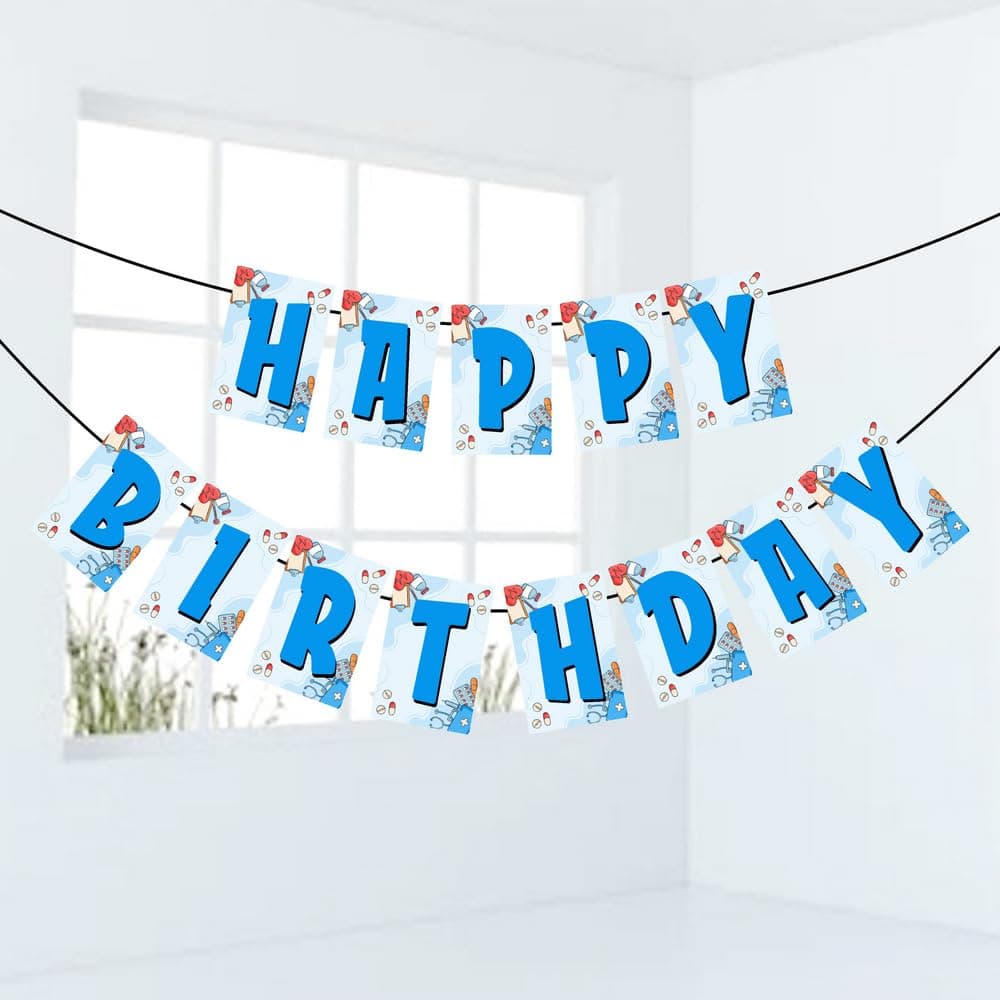 Balloonistics Doctor Theme Happy Birthday Banner - Medical Professional Party Bunting - Premium Cardstock Stethoscope & Scrub Blue Birthday Decoration with Ribbons, Future Doctor & Hospital Theme Backdrop thumbnail 1
