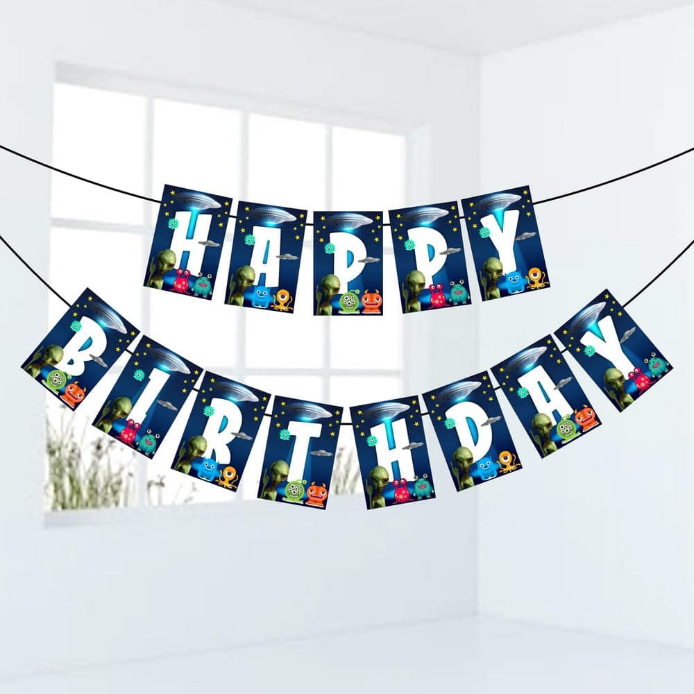 Aliens Theme Happy Birthday Banner - Out of This World Galaxy & Outer Space Cardstock Bunting - Extraterrestrial, UFO & Martian Party Decorations, "We Come in Peace" Backdrop (Happy Birthday Banner) thumbnail 2