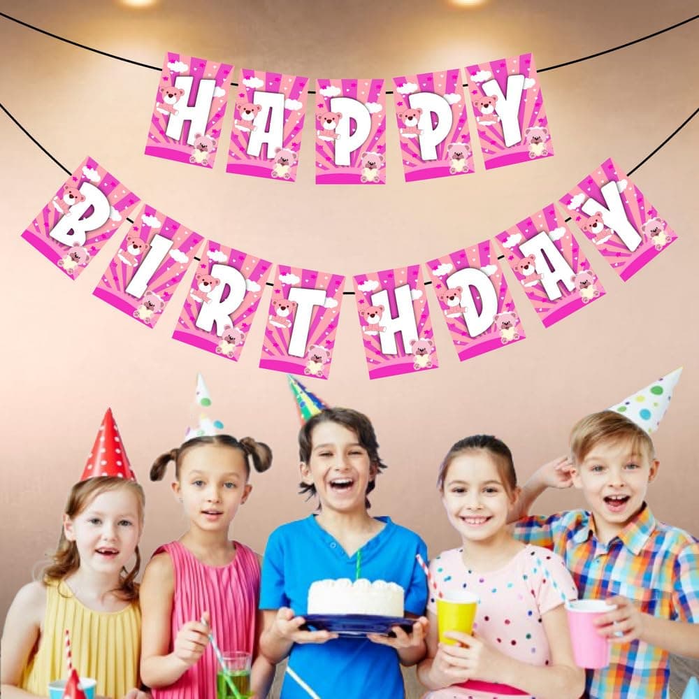 Balloonistics Pink Teddy Bear Happy Birthday Banner - Premium Cardstock Girl’s Birthday Party Bunting - Sweet Bear Theme Nursery Decor, "We Can Bearly Wait" 1st Birthday Backdrop, Floral Pink Bunting with Ribbons (Happy Birthday Banner) thumbnail 3