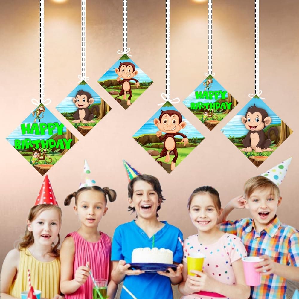 Balloonistics Monkey Theme Party Hangings - Pack of 12 Jungle Safari Ceiling Decorations - Premium Cardstock Animal Cutouts with Swirls, Cute Monkey Birthday Decor for Boys & Girls (Hangings - Pack of 12) thumbnail 4