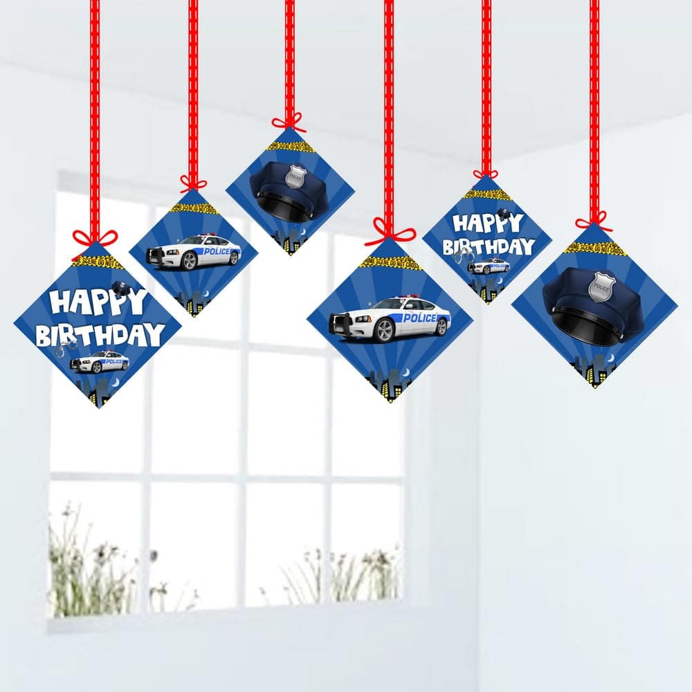 Balloonistics Police Happy Birthday Hanging Swirls - Pack of 12 Double-Sided Cardstock Streamers - Police Officer Birthday Decorations, Cop Car & Badge Ceiling Decor, Law Enforcement Party Hangers with Ribbons(Hangings - Pack of 12)