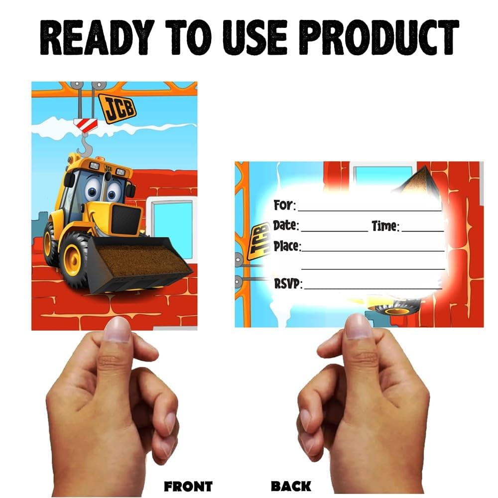 Balloonistics Little JCB Happy Birthday Invitation Cards - Pack of 10 Construction Theme Party Invites - Premium Cardstock "Dig In" Fill-in Invitations, Yellow Excavator & Digger Birthday Supplies (Invite Cards - Pack of 10) thumbnail 4