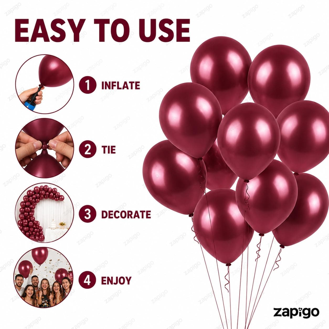 Balloonistics 25-Pack Metallic Pearl Finish Maroon Latex Balloons – Shiny Deep Red Balloons for Wedding, Anniversary, Elegant Birthday & Festive Decoration thumbnail 7