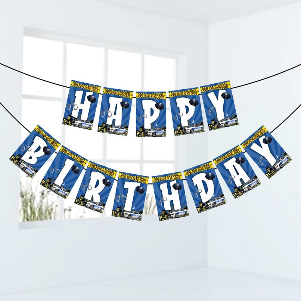 Balloonistics Police Happy Birthday Banner - Premium Cardstock Law Enforcement Party Bunting - Police Officer Theme Birthday Backdrop, Cop Car & Badge Indoor/Outdoor Hanging Sign with Ribbons (Happy Birthday Banner)