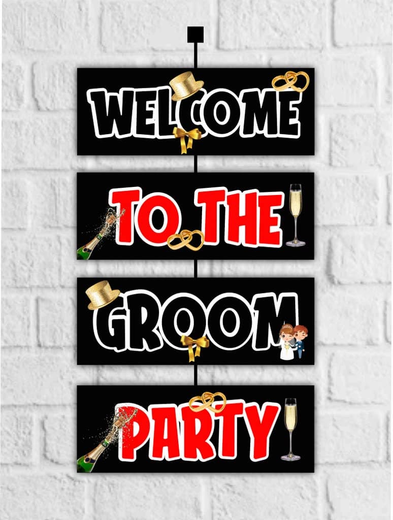 Balloonistics Groom’s Crew Outdoor Welcome Board - 2.3 Ft Large Bachelor Party Entryway Sign - Premium Cardstock "The Party Is Here" Decoration with Ribbons, Dapper Groom Squad & Wedding Backdrop (Welcome Outdoor Board)