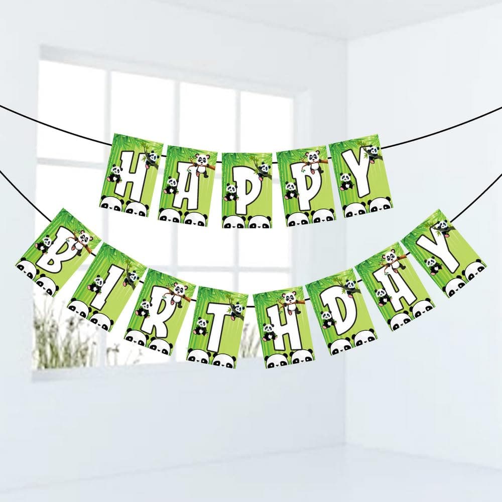 Panda Theme Happy Birthday Banner - Cute Panda Bear & Bamboo Jungle Cardstock Bunting - Wild One, Zoo & Safari Party Decorations for Boys & Girls - Includes Ribbon (Happy Birthday Banner)