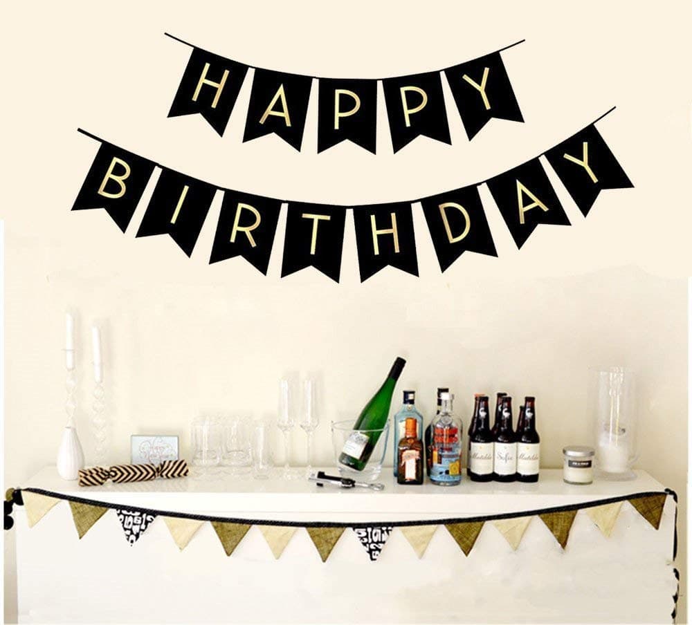 Balloonistics Happy Birthday Banner – Black & Gold Cardboard Bunting for Elegant Adult Birthday, Milestone Celebration & Sophisticated Party Decoration thumbnail 2
