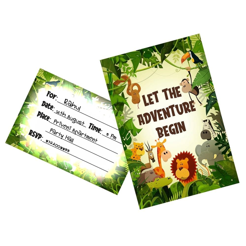 Balloonistics Jungle Animals Birthday Invitation Cards Double-Sided Cardstock Party Invites, Zoo, & Tropical Theme Birthday for Boys & Girls (Invite Cards - Pack of 10) thumbnail 1