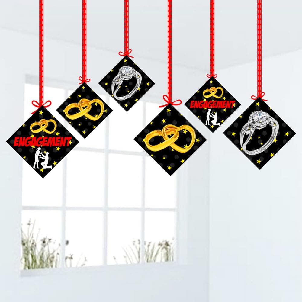 Balloonistics Engagement Theme Hanging Decorations Double-Sided Cardstock Signs with Ribbons Premium Engagement Party Supplies (Hangings - Pack of 12)