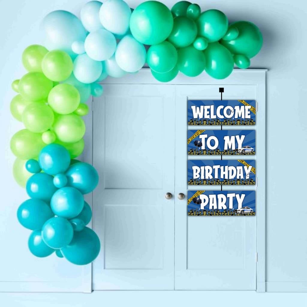 Balloonistics Police Birthday Welcome Board - 2.3 Ft Large Cardstock Law Enforcement Party Sign - Hero Theme Indoor & Outdoor Entrance Decoration, Cop Car & Badge Welcome Display with Ribbons (Welcome Outdoor Board) thumbnail 3