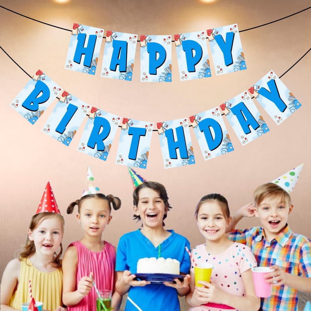 Balloonistics Doctor Theme Happy Birthday Banner - Medical Professional Party Bunting - Premium Cardstock Stethoscope & Scrub Blue Birthday Decoration with Ribbons, Future Doctor & Hospital Theme Backdrop thumbnail 3