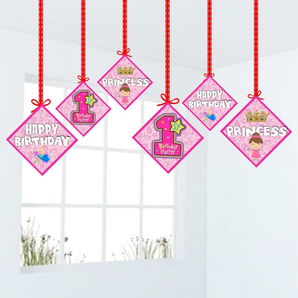 Balloonistics Girl 1st Birthday Theme Hanging Decorations Double-Sided Cardstock Ceiling Hangings with Ribbons Premium Party Decor (Hangings - Pack of 12) thumbnail 1