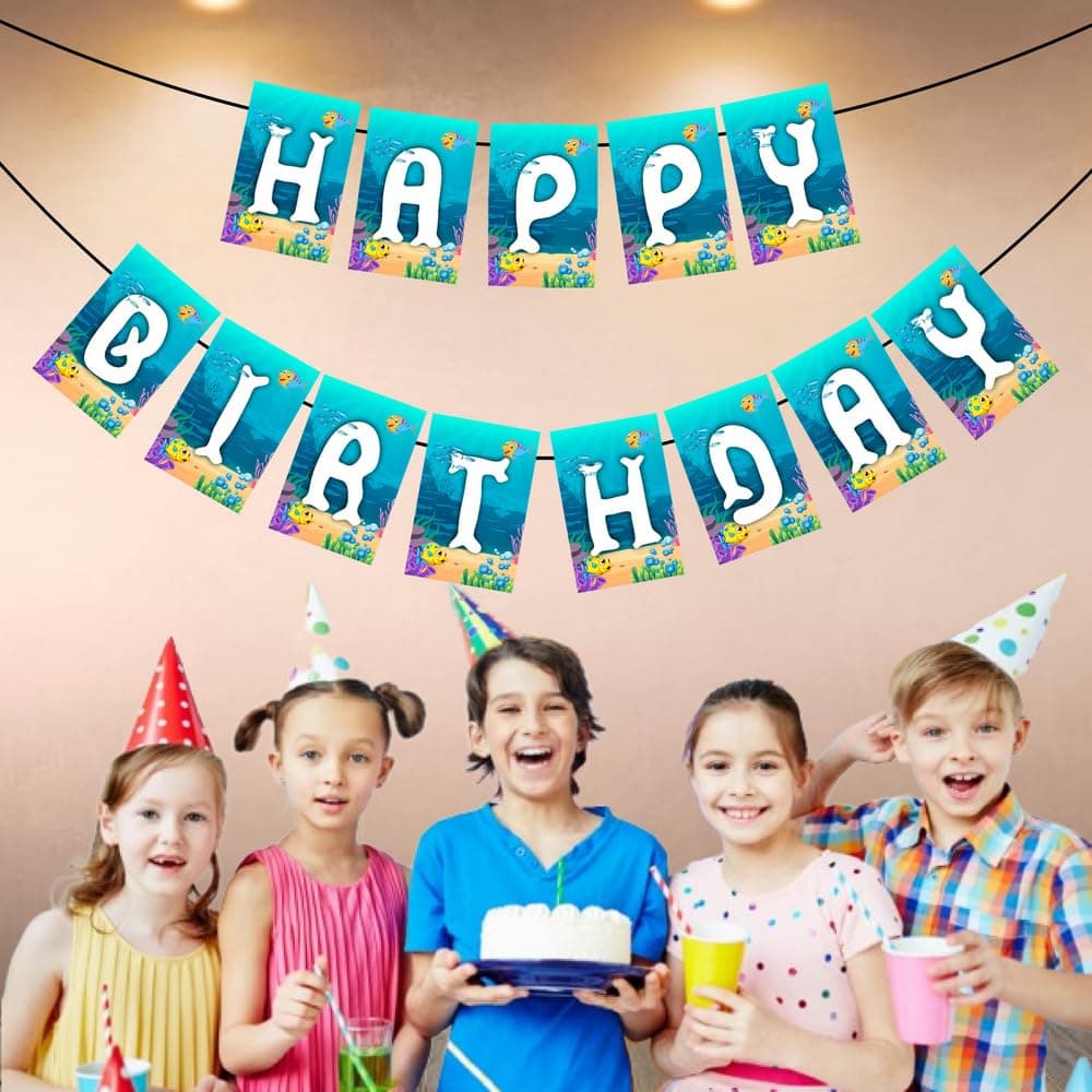 Balloonistics Ocean Underwater Theme Happy Birthday Banner Cardstock Birthday Backdrop Sign for Kids Durable Ocean Life Party Decorations with Ribbon (Happy Birthday Banner) thumbnail 3