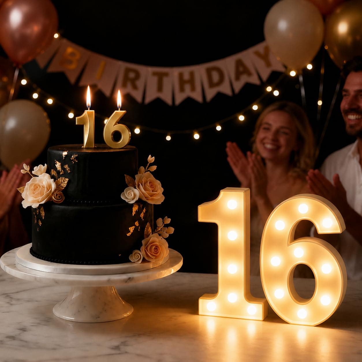 Balloonistics Number 16 LED Marquee Light & Gold Number 16 Birthday Candle Combo - 9-Inch Warm White Marquee Sign + Metallic Gold Cake Candle for 16th Birthday, Anniversary & Milestone Party
