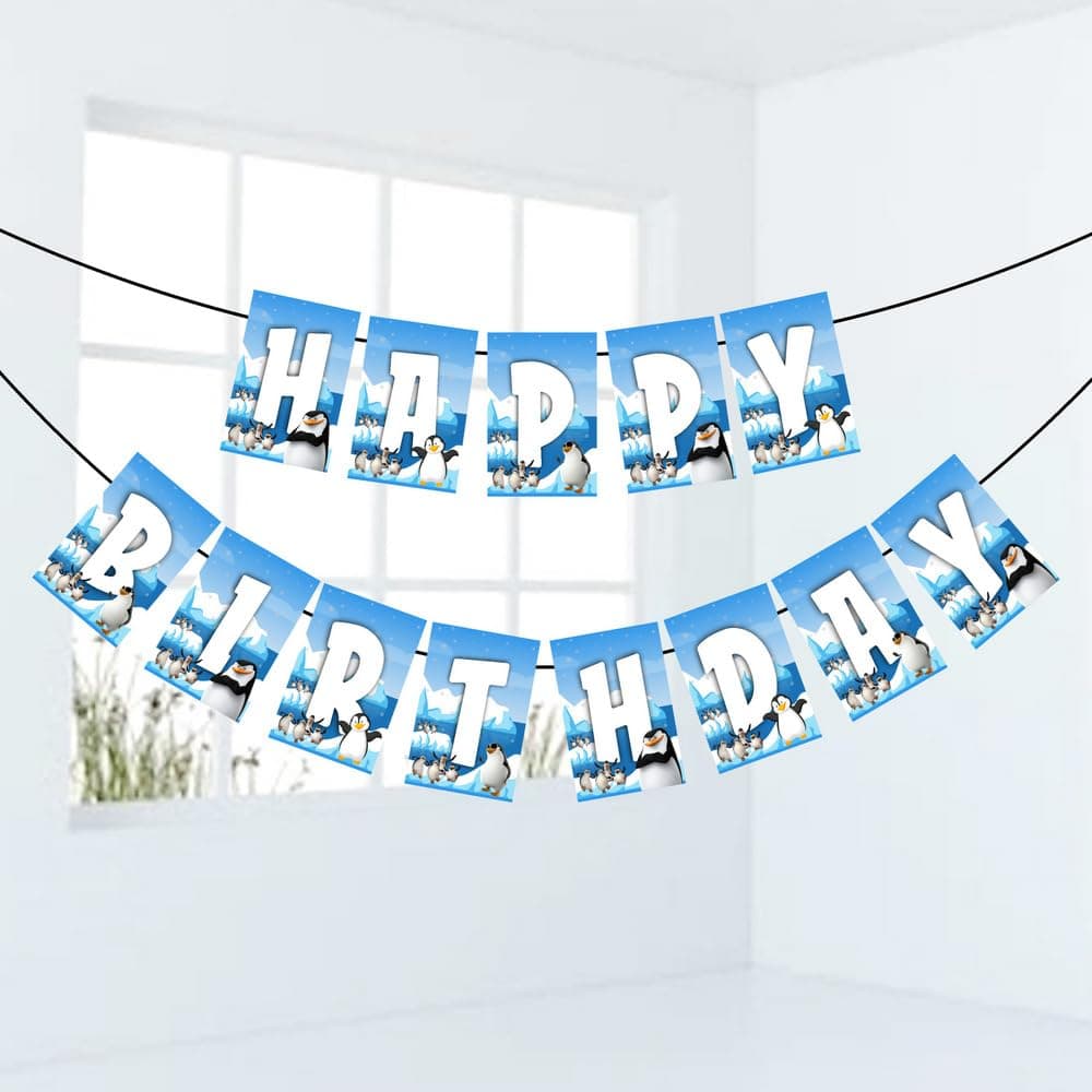 Balloonistics Penguin Happy Birthday Banner - Premium Cardstock Winter Theme Party Bunting - Cute Arctic Birthday Decorations for Kids, "Coolest Party" Birthday Backdrop with Ribbons (Happy Birthday Banner)