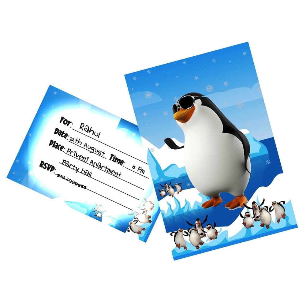 Balloonistics Penguin Happy Birthday Invitations - Pack of 10 Premium Cardstock Invite Cards - Cute Winter Theme 1st Birthday Party Supplies, "Thanks for Sliding By" Arctic Party Invites. (Invite Cards - Pack of 10)
