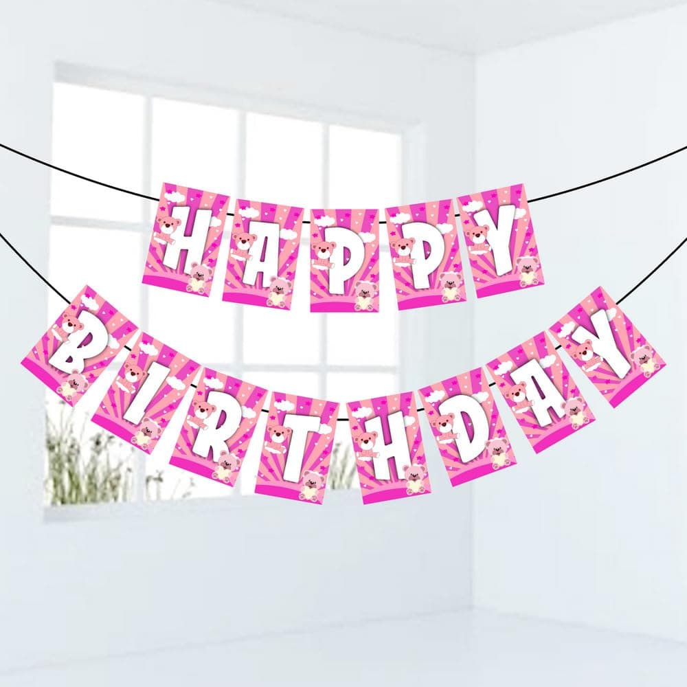 Balloonistics Pink Teddy Bear Happy Birthday Banner - Premium Cardstock Girl’s Birthday Party Bunting - Sweet Bear Theme Nursery Decor, "We Can Bearly Wait" 1st Birthday Backdrop, Floral Pink Bunting with Ribbons (Happy Birthday Banner) thumbnail 1