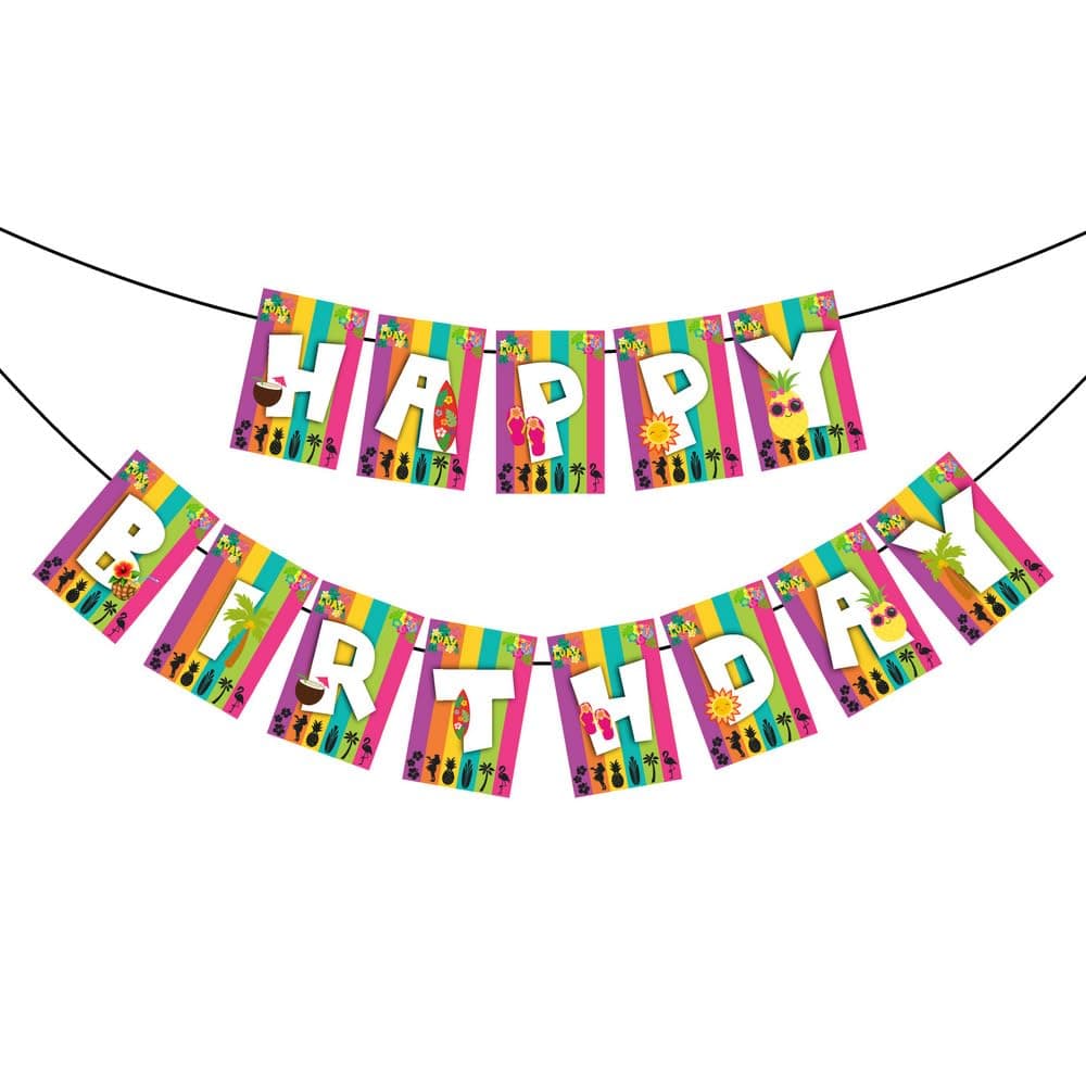 Balloonistics Hawaii Luau Happy Birthday Banner - Tropical Hibiscus & Palm Leaf Bunting for Island Theme Party Decorations - Premium Cardstock Aloha Backdrop with Adjustable Ribbon (Happy Birthday Banner) thumbnail 2