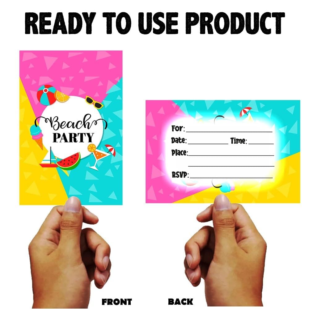 Balloonistics Beach Party Birthday Invitation Cards - Pack of 10 Tropical Summer & Pool Side Invites with Envelopes - Double-Sided Cardstock Fill-in Invitations for Kids & Adults, Sun, Sand & Surf Theme (Invite Cards - Pack of 10) thumbnail 4