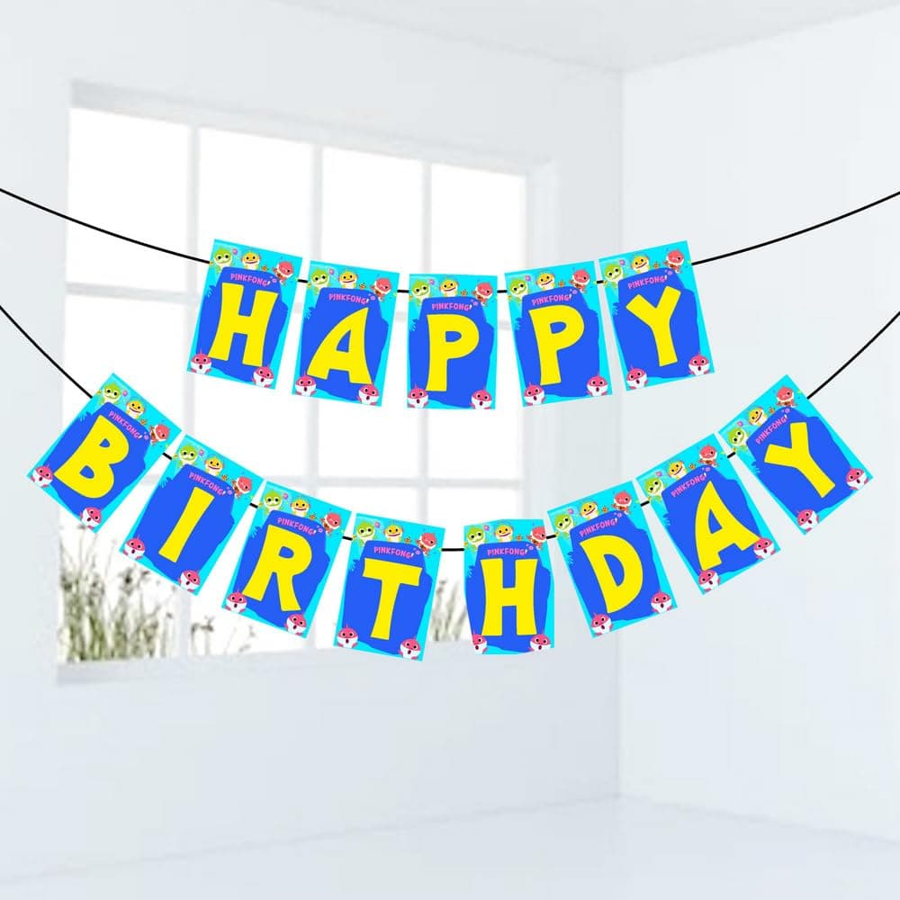Balloonistics Little Shark Happy Birthday Banner Cardstock Decorations for Kids Birthday Backdrop Sign with Ribbon for Indoor and Outdoor (Happy Birthday Banner)