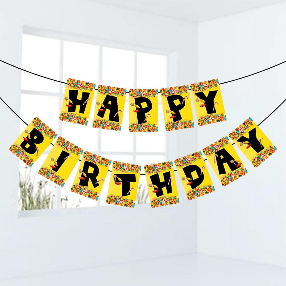 Balloonistics Candy Theme Happy Birthday Banner - Vibrant Cardstock Bunting for Sweet One, Candyland, and Lollipop Party Decorations - Multicolor Birthday Backdrop for Kids & Adults, Includes Ribbon (Happy Birthday Banner)
