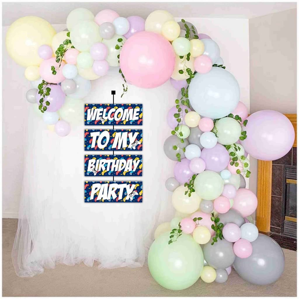 Balloonistics Video Game Theme Welcome Board (2.3 Feet) - Level Up Gaming Birthday Entrance Sign for Indoor & Outdoor - Large Cardstock Gamer Party Decoration, "Press Start" Welcome Banner with Ribbons (Welcome Outdoor Board) thumbnail 4
