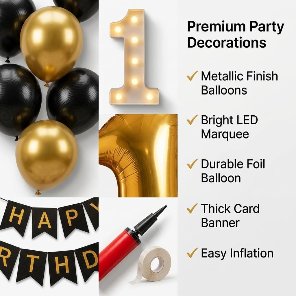 Balloonistics 7th Birthday Decoration Combo Kit - 40 Inch Gold Foil Number Balloon, LED Marquee Light, Black & Gold Balloons, Happy Birthday Banner, Balloon Pump & Glue Dots thumbnail 6