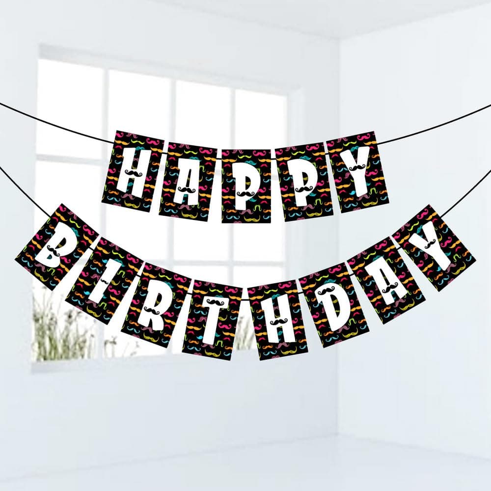 Moustache Theme Happy Birthday Banner - "Little Man" Gentlemen’s Cardstock Bunting - Dashing Mo-themed Birthday & Movember Party Decorations, "Stache & Dash" Backdrop (Happy Birthday Banner) thumbnail 1