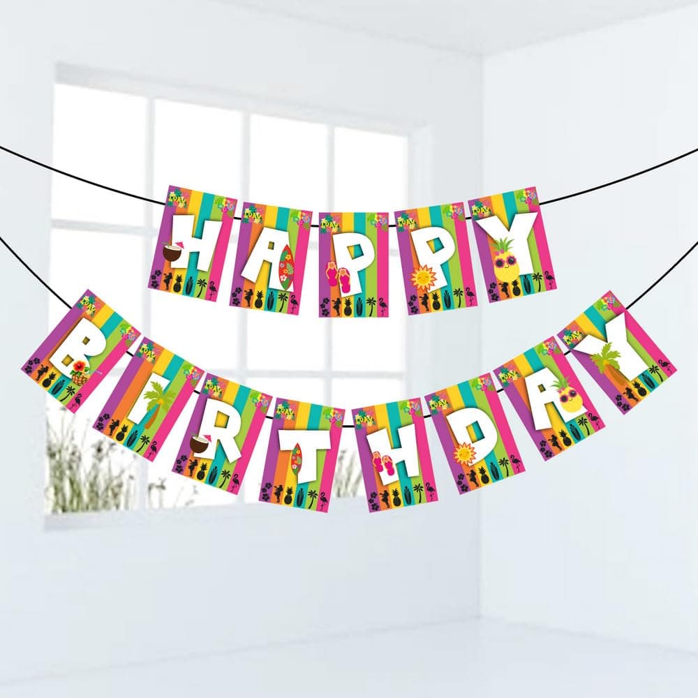 Balloonistics Hawaii Luau Happy Birthday Banner - Tropical Hibiscus & Palm Leaf Bunting for Island Theme Party Decorations - Premium Cardstock Aloha Backdrop with Adjustable Ribbon (Happy Birthday Banner) thumbnail 1