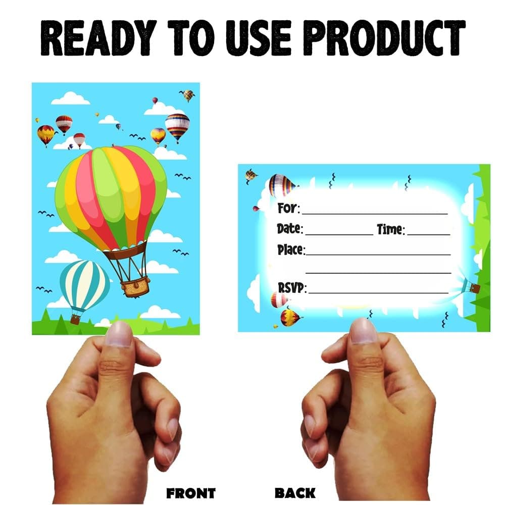 Balloonistics Hot Air Balloon Theme Birthday Invitation Cards - Pack of 10 Up & Away Party Invites - Premium Cardstock "Adventure Awaits" Fill-in Invitations, Whimsical Pastel Sky & Cloud Birthday Supplies (Invite Cards - Pack of 10) thumbnail 4