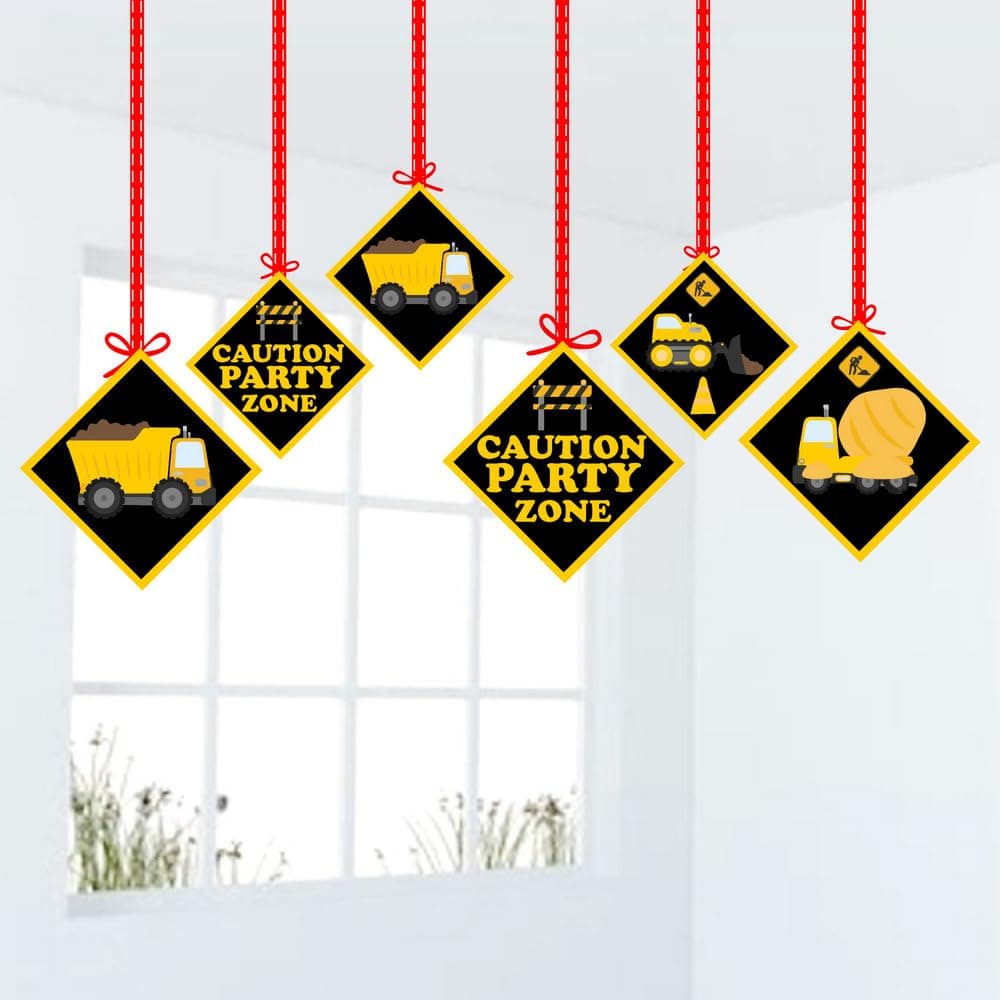 Balloonistics Construction Theme Hanging Decorations Double-Sided Cardstock Party Ornaments Excavator, Dump Truck & Road Sign Wall & Ceiling Hangings (Hangings - Pack of 12)