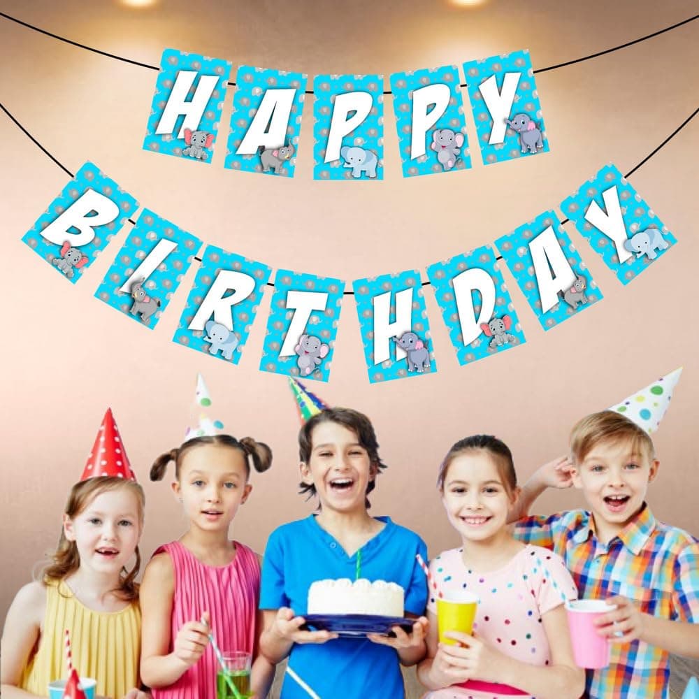 Balloonistics Blue Elephant Theme Happy Birthday Banner – Gentle Giant Safari Bunting – Premium Cardstock Decorations for Boy’s 1st Birthday and Elephant theme thumbnail 3