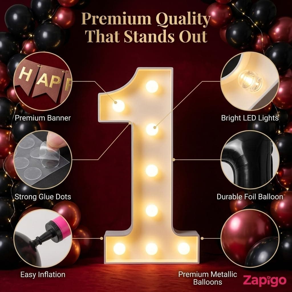 Balloonistics 13th Birthday Decoration Combo Kit - 40 Inch Black Foil Number Balloon, LED Marquee Light, 50 Black & Red Balloons, Happy Birthday Banner, Balloon Pump & Glue Dots thumbnail 6