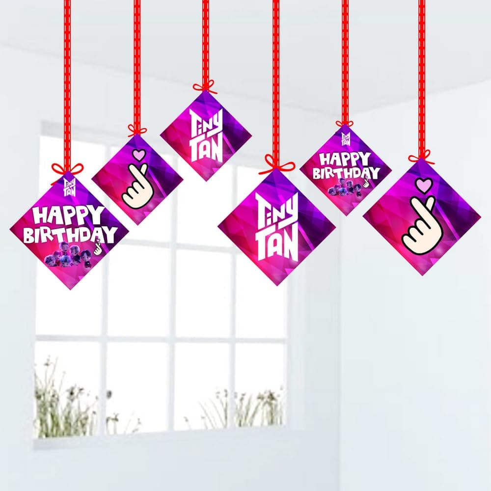 Balloonistics TinyTan Hanging Decorations - Pack of 12 Double-Sided Cardstock Holiday & Party Cutouts with Metallic Purple Swirls - BTS-Inspired Chibi Character Room Decor - RM, Jin, SUGA, j-hope, Jimin, V, & Jung Kook (Hangings - Pack of 12) thumbnail 1
