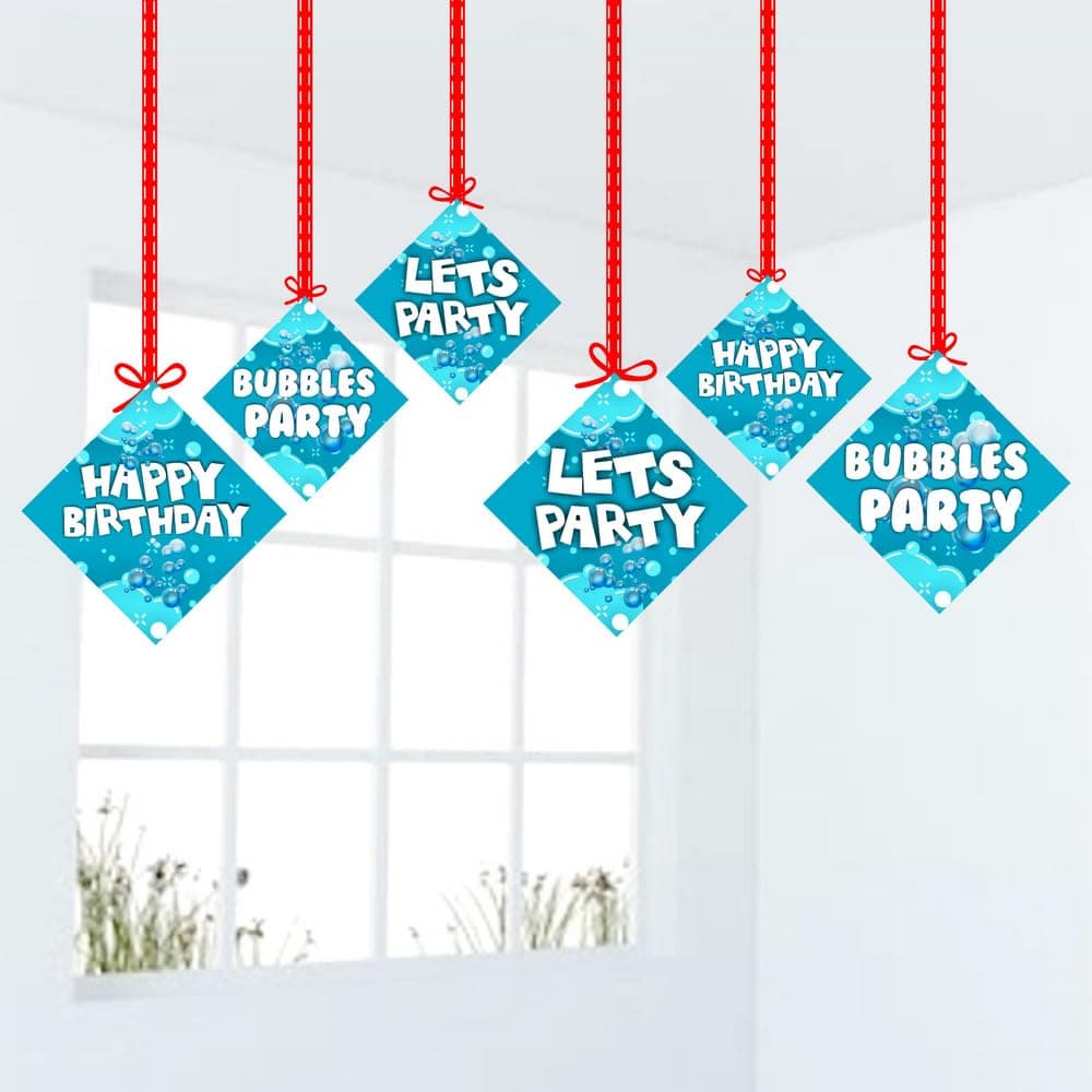 Balloonistics Bubble Theme Happy Birthday Hanging Decorations - Pack of 12 Whimsical "Pop" Party Swirls - Premium Cardstock Double-Sided Iridescent Bubble & Blue Sky Spirals, Kids Bubbly Celebration Ceiling Decor (Hangings - Pack of 12)