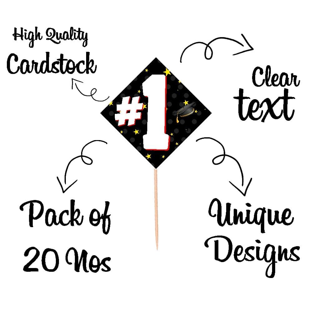 Balloonistics Congrats Graduate Cake Toppers – Pack of 20 Premium Cardstock Cupcake Picks – Elegant Black & Gold Class Graduation Party Decorations thumbnail 5