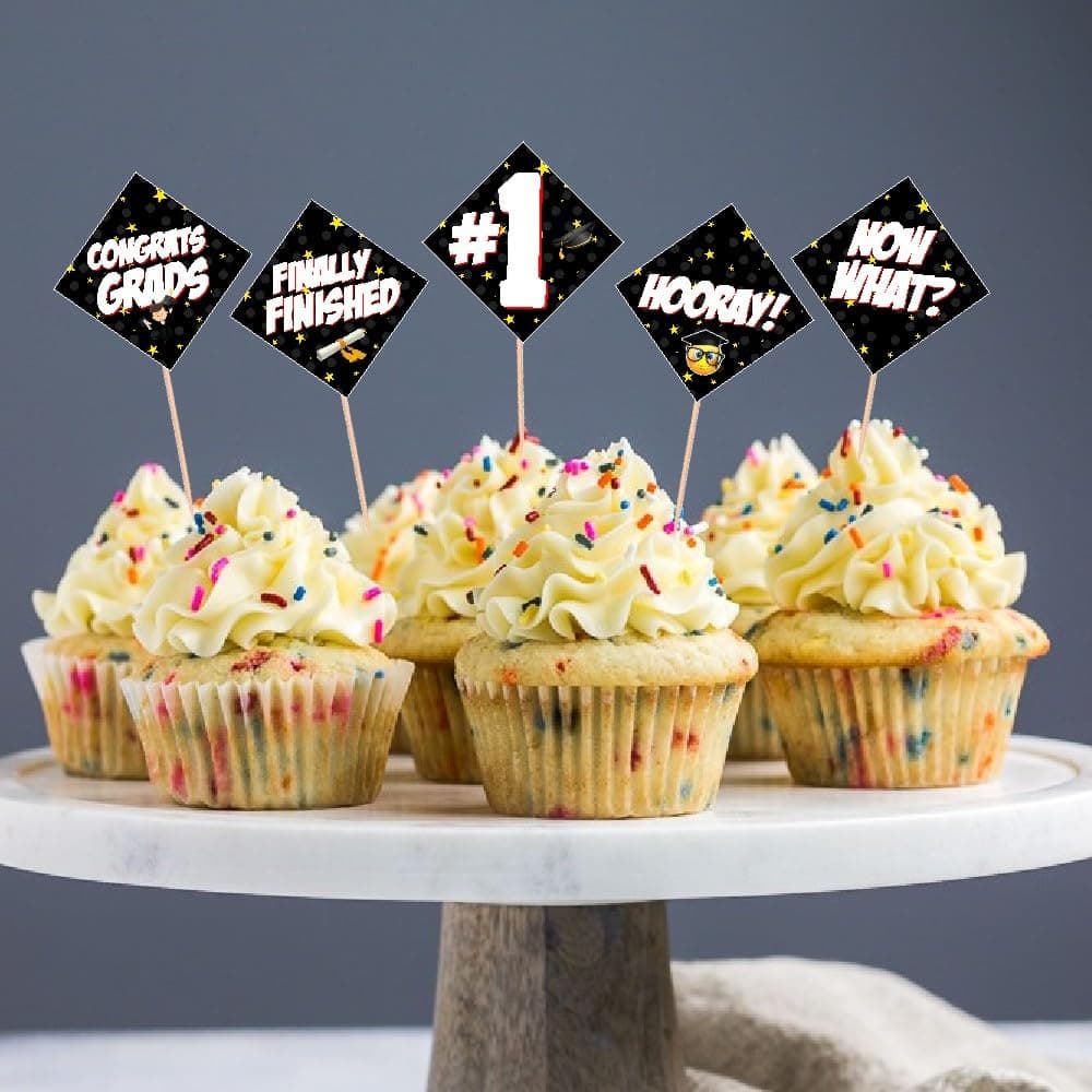 Balloonistics Congrats Graduate Cake Toppers – Pack of 20 Premium Cardstock Cupcake Picks – Elegant Black & Gold Class Graduation Party Decorations thumbnail 2