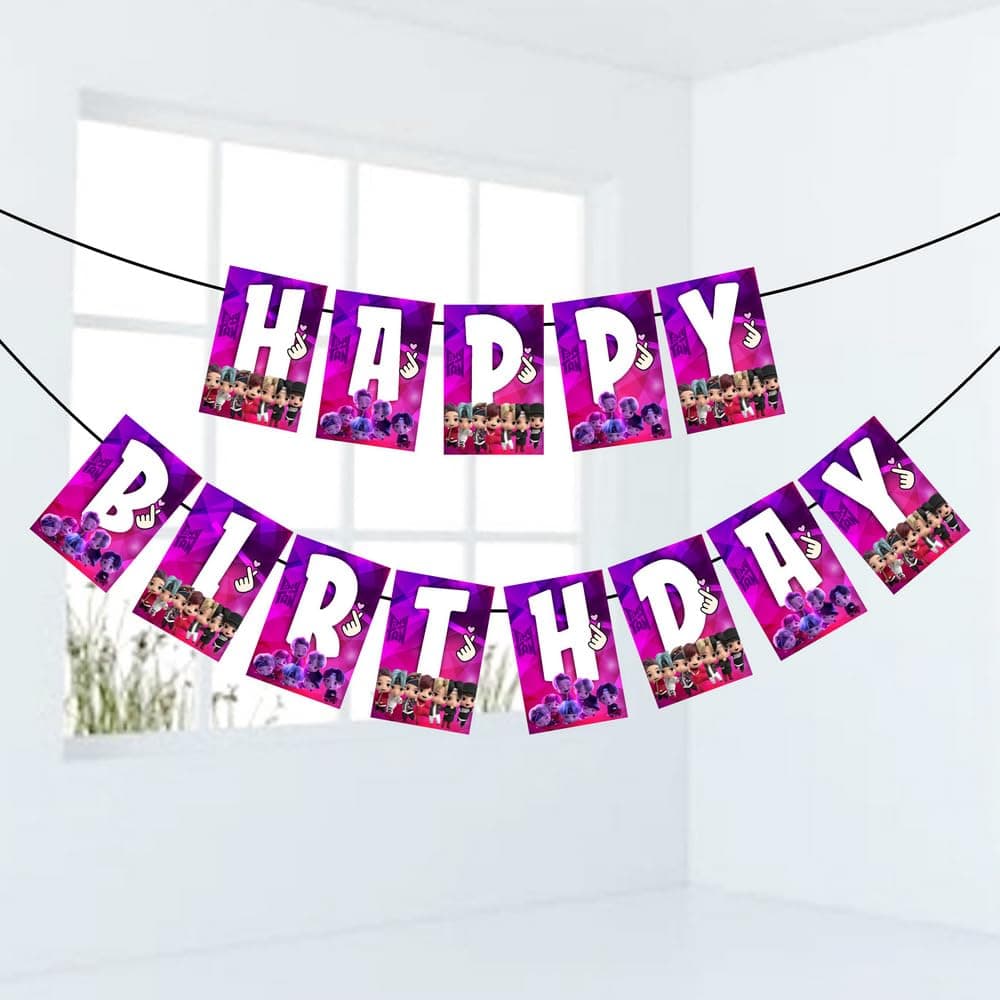 Balloonistics TinyTan Happy Birthday Banner - Large Cardstock Chibi K-Pop Bunting - Purple BTS Inspired Party Decorations featuring RM, Jin, SUGA, j-hope, Jimin, V, and Jung Kook (Happy Birthday Banner) thumbnail 1