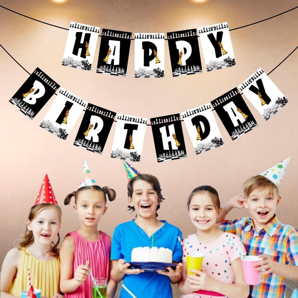 Balloonistics Chess Theme Happy Birthday Banner - Large Cardstock "Checkmate" Bunting with King, Queen & Knight Designs - Black and White Grandmaster Party Decorations thumbnail 3